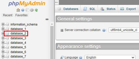 انتخاب دیتابیس در phpMyAdmin