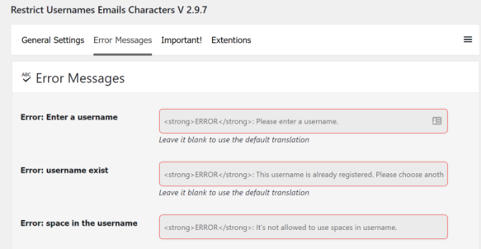 مدیریت پیام‌های خطا از طریق Restrict Usernames Emails Characters
