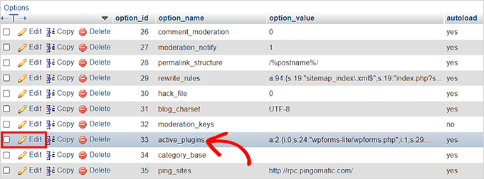 ستون option_name برای فعال کردن افزونه های وردپرس از دیتابیس
