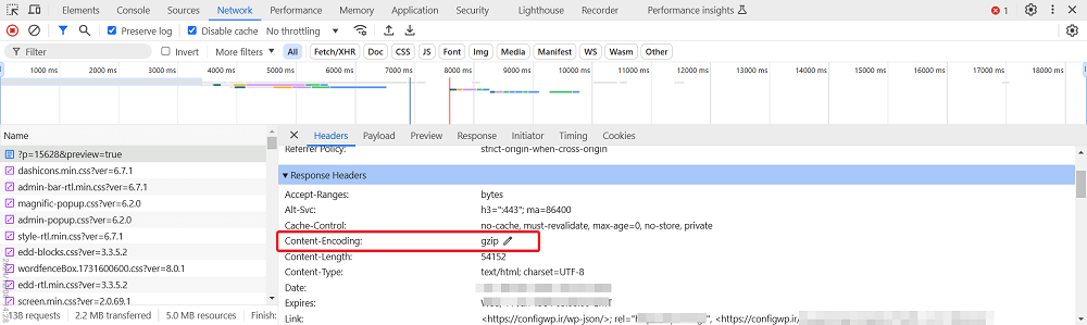 بررسی هدر پاسخ “content-encoding: gzip” در inspect مرورگر